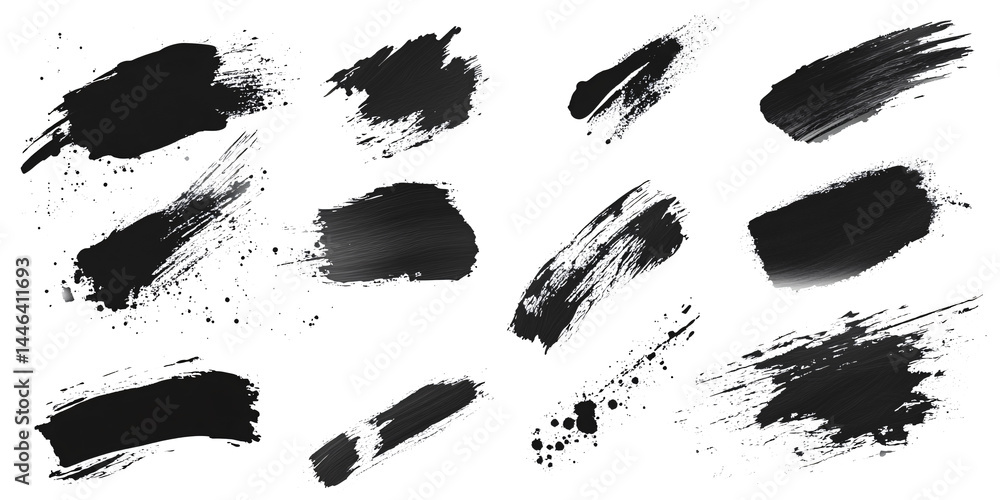 Poster set of several different black ink or paint strokes on transparent background. grunge style. abstrac
