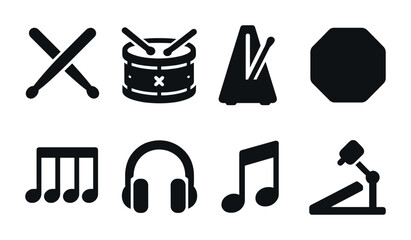 Music instruments icon set - solid style percussion, rhythm, and sound symbols for musicians: drumsticks, snare drum, metronome, headphones, music notes, drum pad