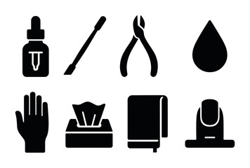 Nail care icon set – solid style beauty, manicure, and grooming symbols for salon and personal care: nail polish, cuticle pusher, nail clippers, water drop, hand, tissue box, towel, nail file.