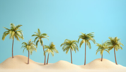 Fototapeta premium Trendy Summer composition made of Coconut trees with beach sand on blue background. Minimal summer concept.