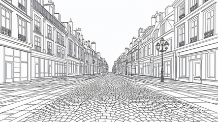 Monochrome Cityscape Illustration: Classic Urban Perspective with Traditional Architecture and Cobblestone Texture