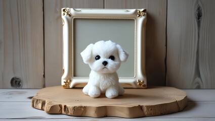 Adorable Maltese Puppy Figurine Near Antique Frame on Wooden Surface