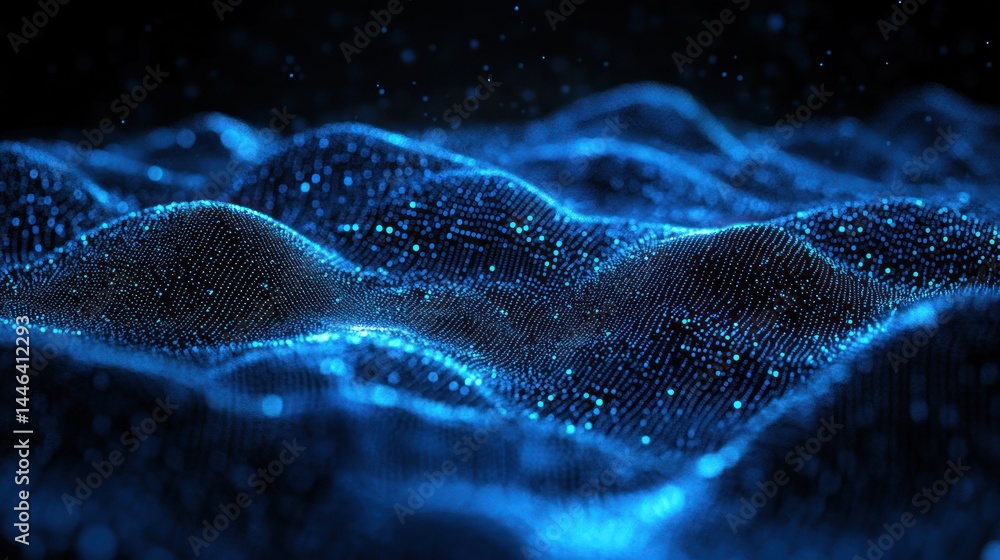 Poster glowing blue particles form undulating waves in a dark void