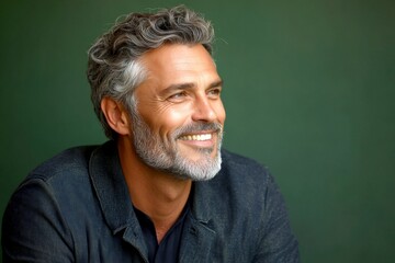 Green solid background. Modish men's side part haircut - midlife white man with grey hair. A chic gentleman dressed in style and confidence. Layout of style for aging men.