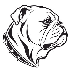 Bulldog Head Profile with Spiked Collar, Black and White Line Art, Canine