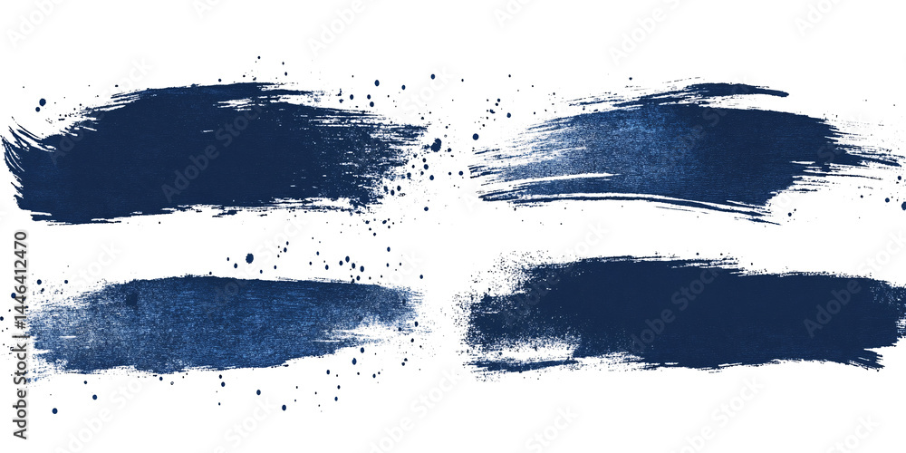 Poster set of four different blue ink or paint strokes on transparent background. grunge style. abstract st