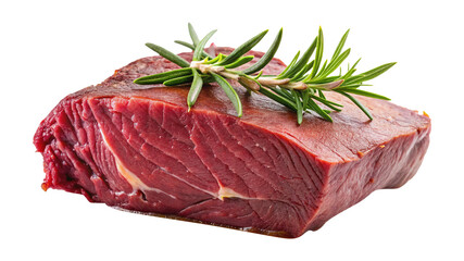 Perfectly marbled piece of raw beef adorned with fresh rosemary sprigs