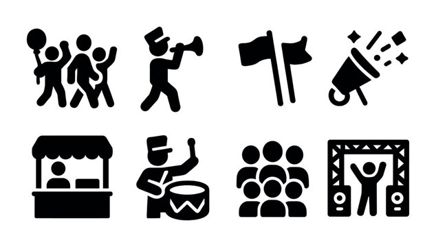 Parade celebration icon set &ndash; solid style party, festival, and event symbols: marching band, flags, confetti, vendor booth, drummer, crowd, stage, balloons.