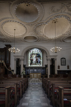 Architecture design of The Church of King Charles the Martyr with The ceilings inside are made of plaster with five domes and chandeliers is a Church of England parish church in Royal Tunbridge Wells,