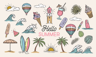 Hello Summer, set with air balloon, surfboard and wave, hand drawn illustration.	