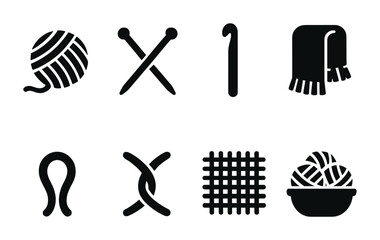 Knitting and crochet solid icon set – flat style yarn, needlework, crafting, and textile symbols for hobbyists: yarn ball, knitting needles, crochet hook, scarf, loom.