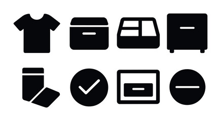Retail and shopping solid icon set – silhouette style commerce, marketplace, and store symbols for e-commerce solutions: shirt, box, display, cabinet, sale tag, checkmark, card, close.