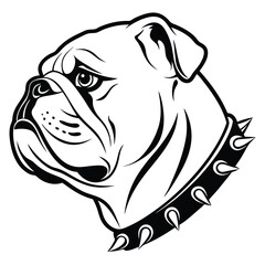 Bulldog Portrait Silhouette with Spiked Collar, Canine Head Illustration, Black and White