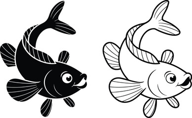 Stylized Black and White Jumping Fish Illustration – Dual Variation Minimalist Design with Happy Expression