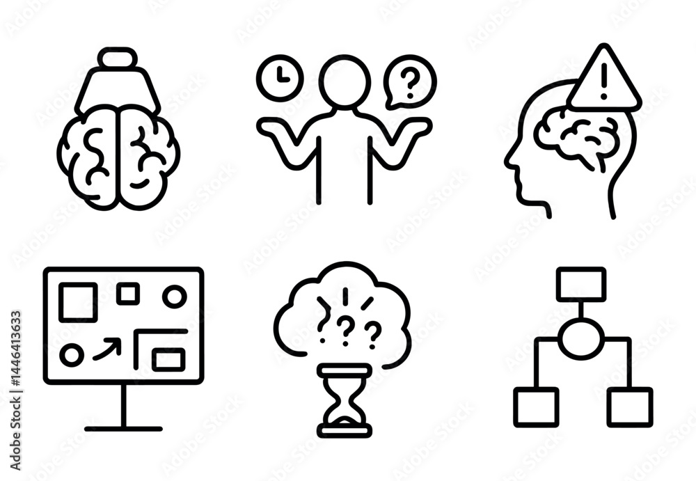 Poster brainstorming and decision-making icons set - line style for creative thinking and problem solving: 