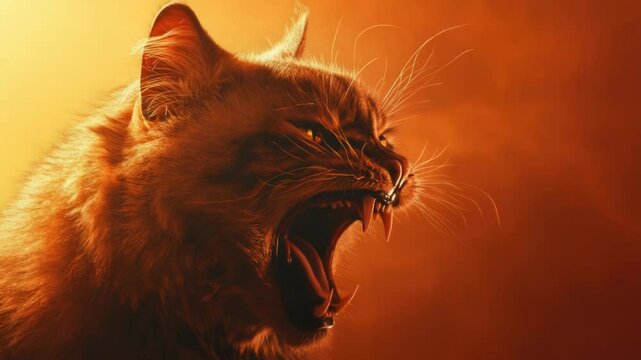 A close-up view of a curious cat with its mouth open, ready to pounce or meow