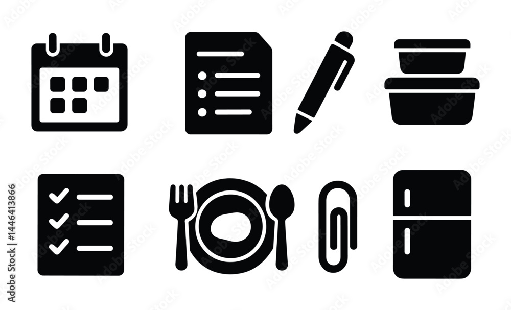 Poster office and productivity solid icons set – flat style work, organization, and efficiency symbols for 