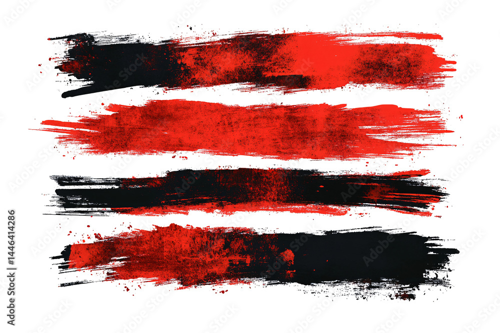 Poster set of several black and red ink or paint strokes on transparent background. grunge style. abstract 