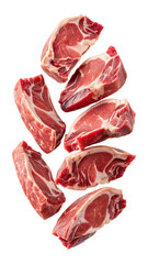 Obraz premium Delicious fresh raw pork meat cuts falling on a transparent surface, close up