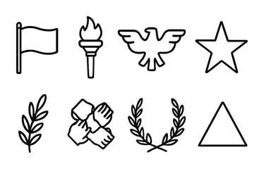 Fototapeta premium Icon set featuring flag, torch, eagle, star, laurel, unity, and triangle for design