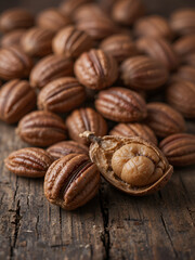 Naklejka premium Heap of pecans in shell and decorticated peeled nut on wooden table