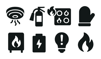 Fire safety icon set - solid style emergency, protection, and prevention symbols: smoke detector, fire extinguisher, stove, oven mitt, fireplace, battery, bulb, flame.