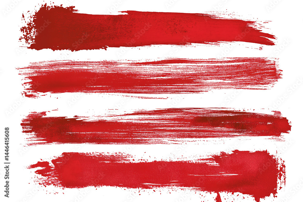 Poster set of four different red ink or paint strokes on transparent background. grunge style. abstract str