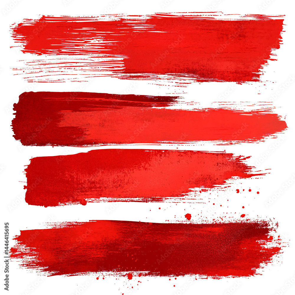 Poster set of four different red ink or paint strokes on transparent background. grunge style. abstract str