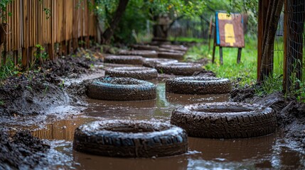 Fototapeta premium Path of Muddy Tire Steps in a Lush Green Outdoor Environment
