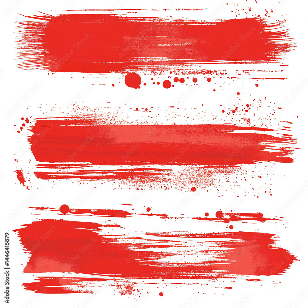 Poster set of three different red ink or paint strokes on transparent background. grunge style. abstract st