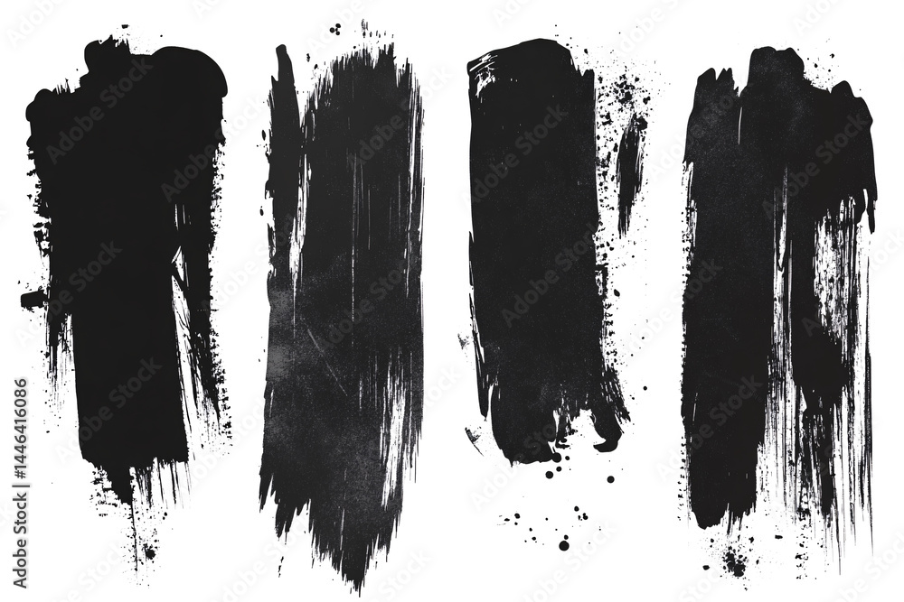Poster set of four different black ink or paint strokes on transparent background. grunge style. abstract s