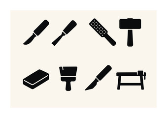 Woodworking tool silhouette icons set – solid style carpentry, crafting, and diy symbols for projects: chisel, hammer, saw, plane, rasp, bench, mallet, knife.
