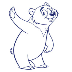 Cute Outline Bear Character Standing Upright and Waving, Line Art on White Background