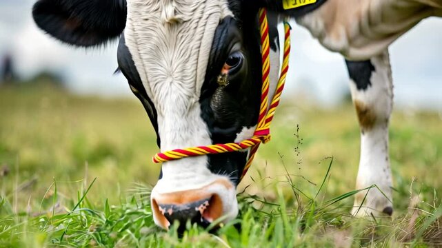 草を食む乳牛の横顔アップ