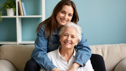 Fototapeta premium A woman sitting on top of an older woman on a couch.