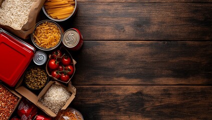Assorted food staples arranged on a wooden surface.  Variety of grains, pasta, canned goods, and vegetables