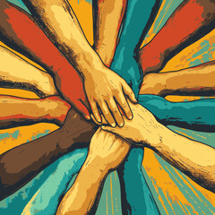 Diverse hands clasp together in unity showcasing teamwork and collaboration in a vibrant graphic vector illustration