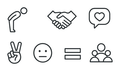 Community & communication icons set – outline style social interaction, connection, networking symbols: handshake, heart, peace sign, equality, teamwork, discussion