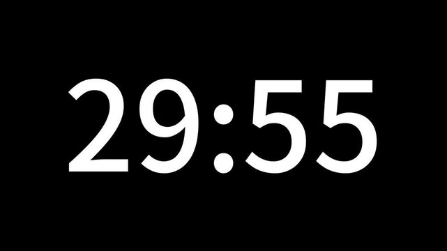 Countdown timer from 30 minute to 29 minute suitable for presentations, educational. The minimalist design ensures seamless integration with any video project. Ideal for editors looking for modern