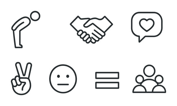 Community & communication icons set – outline style social interaction, connection, networking symbols: handshake, heart, peace sign, equality, teamwork, discussion