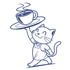 Cartoon cat carrying a coffee cup, wearing an apron, outlined on white backdrop