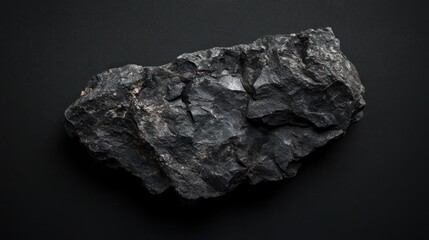 Fototapeta premium A dark gray, rough-textured rock rests on a black background, showing irregular shapes and crevices