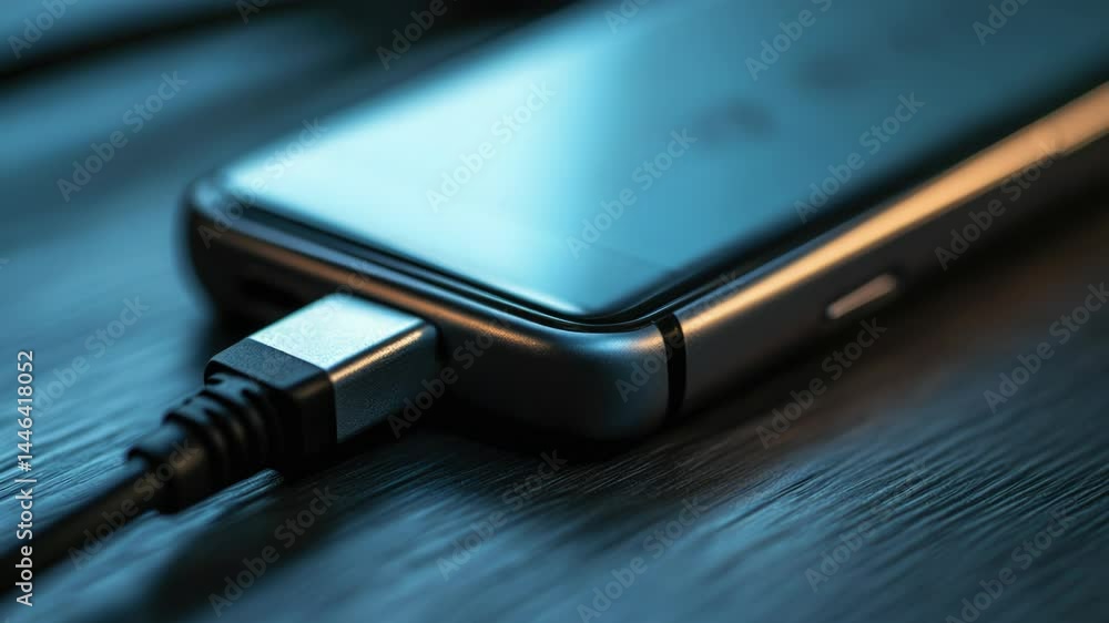 Poster close-up shot of a cell phone connected to a usb cable, ideal for tech-related and digital concept i