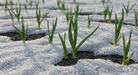 Young garlic plants emerging through winter frost