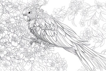 Obraz premium Detailed black and white illustration of a parrot perched amongst blossoming 
