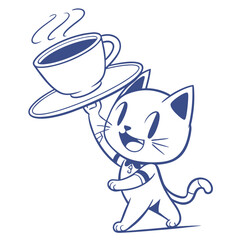 Cheerful Line Art Cat Mascot Holds Steaming Coffee Cup, Isolated on White, Blue Outline