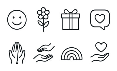Positive vibes icon set – outline style happiness, kindness, and love symbols for wellness inspiration: smiley face, flower, gift, heart, praying hands, open hands, rainbow.