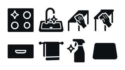 Fototapeta premium Household cleaning solid icons set – flat style sanitation, hygiene, and maintenance symbols for home care: stove, sink, countertop, wiping cloth, drawer, spray bottle, mat.