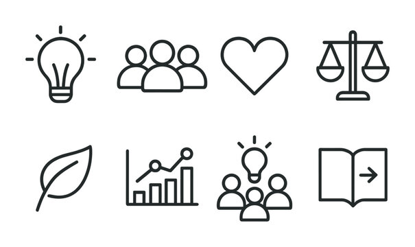 Business and innovation icons set – outline style design, strategy, and marketing symbols for productivity: light bulb, teamwork, heart, scales, leaf, chart, book.