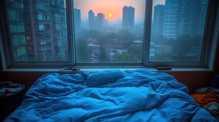 Cozy bedroom view of sunrise cityscape